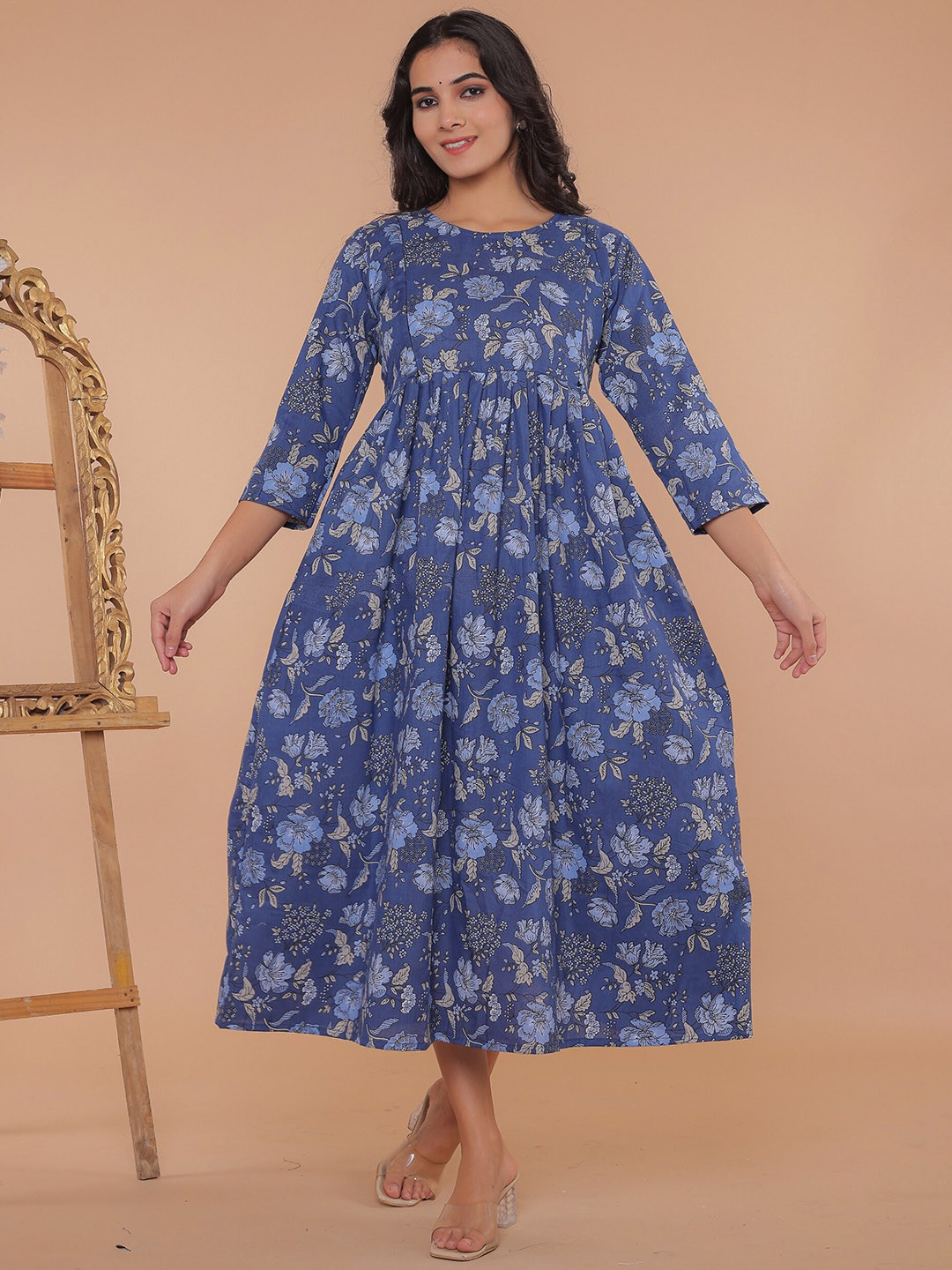 

R RANAK CREATION Floral Printed Cotton Anarkali Maternity Kurta, Blue