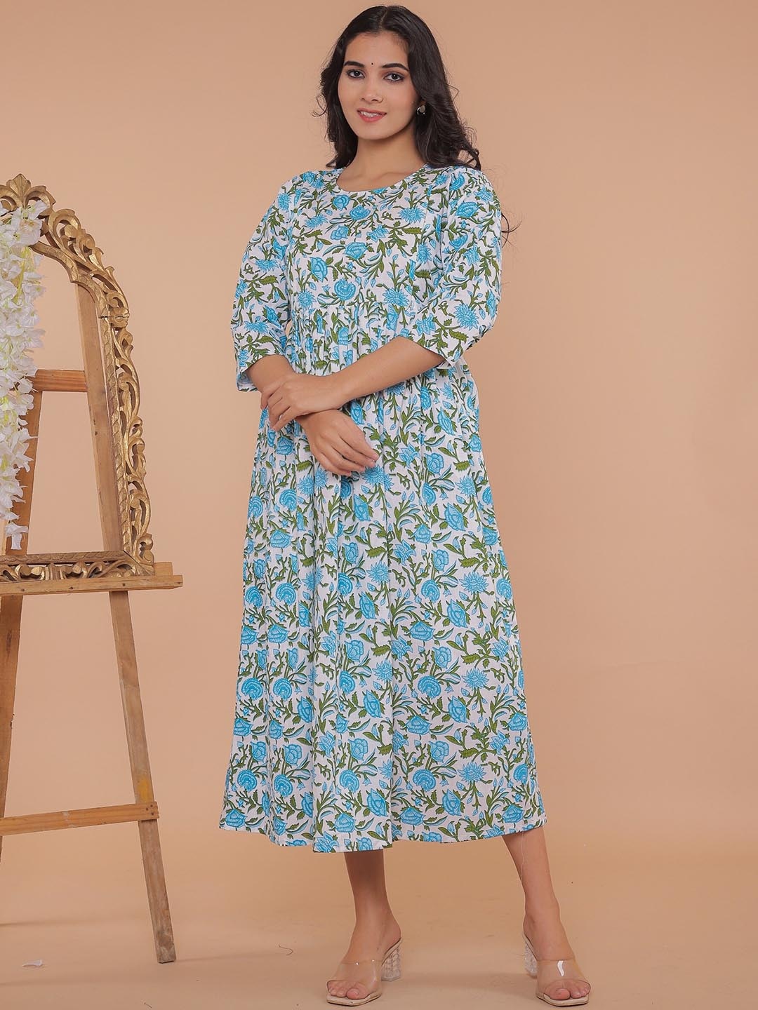 

R RANAK CREATION Floral Printed Anarkali Maternity Kurta, White