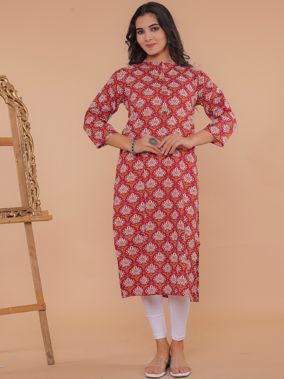 

R RANAK CREATION Ethnic Motifs Printed Mandarin Collar Straight Kurta, Red
