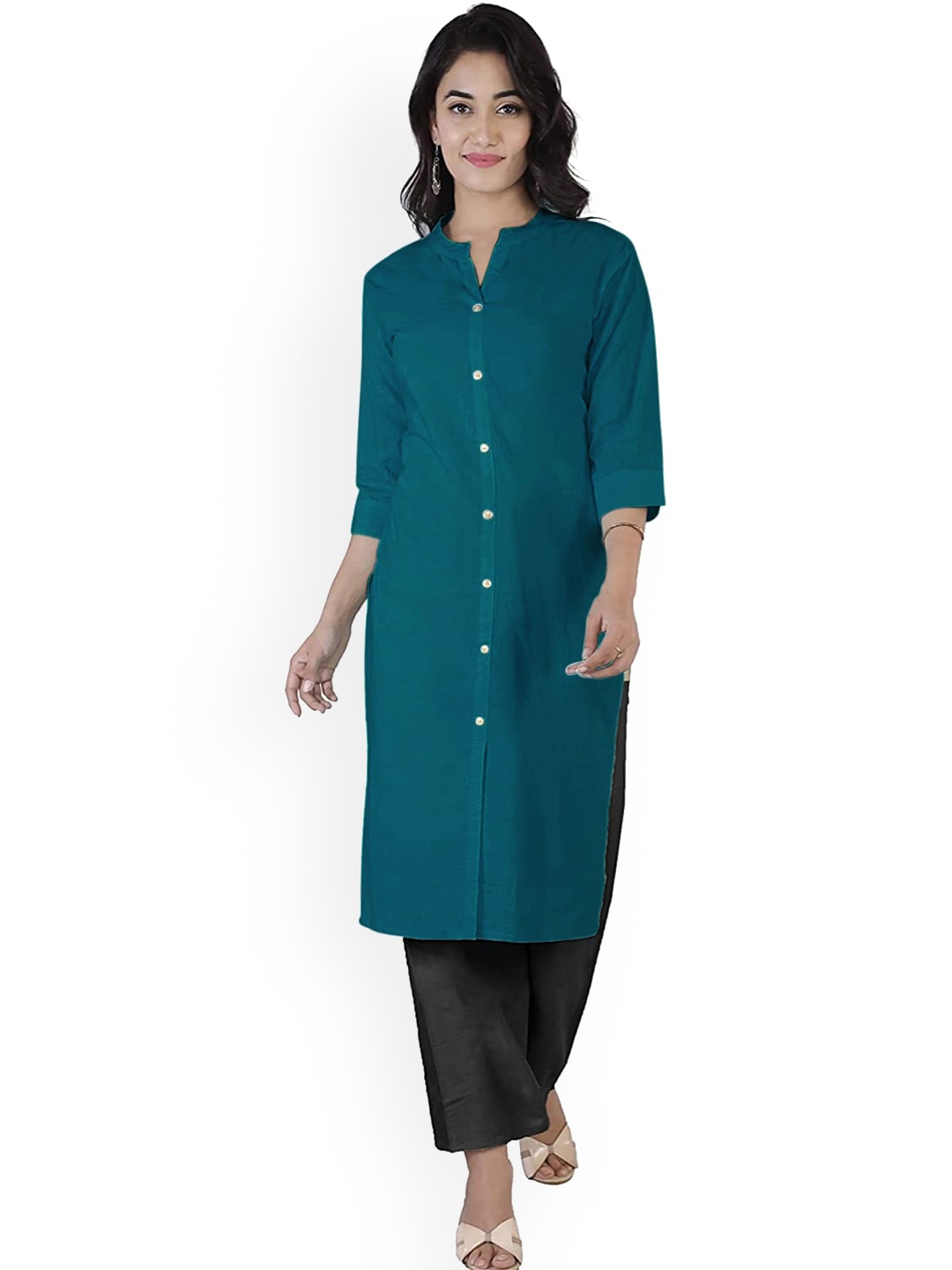 

R RANAK CREATION Band Collar Straight Kurta, Teal
