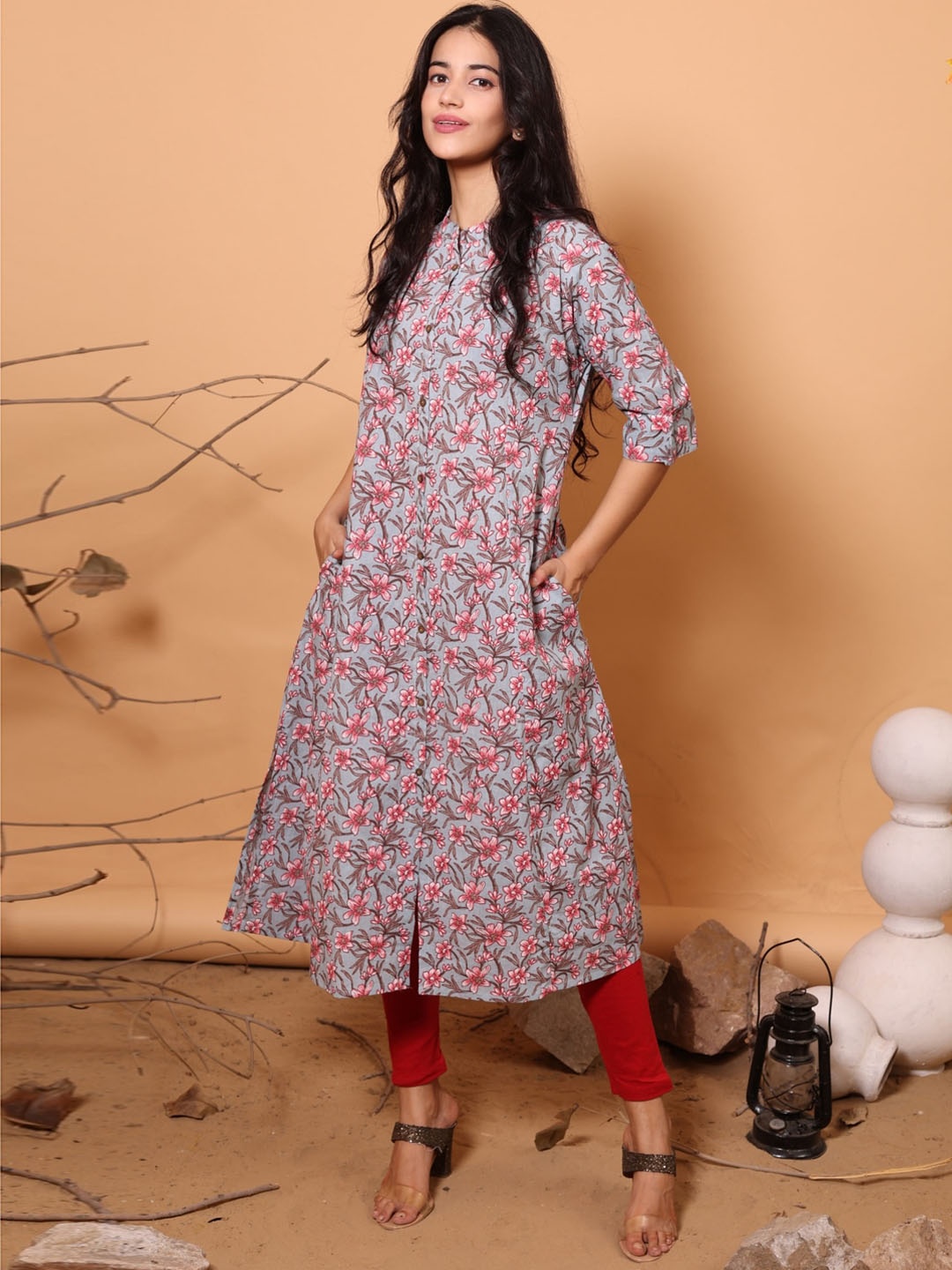 

R RANAK CREATION Floral Printed Mandarin Collar A Line Kurta, Grey