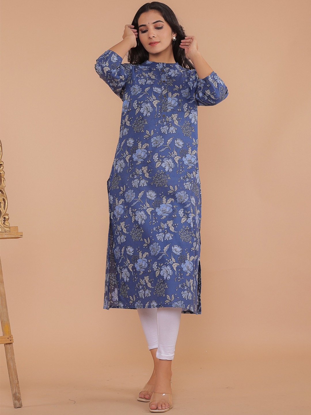 

R RANAK CREATION Floral Printed Mandarin Collar Cotton Straight Kurta, Blue