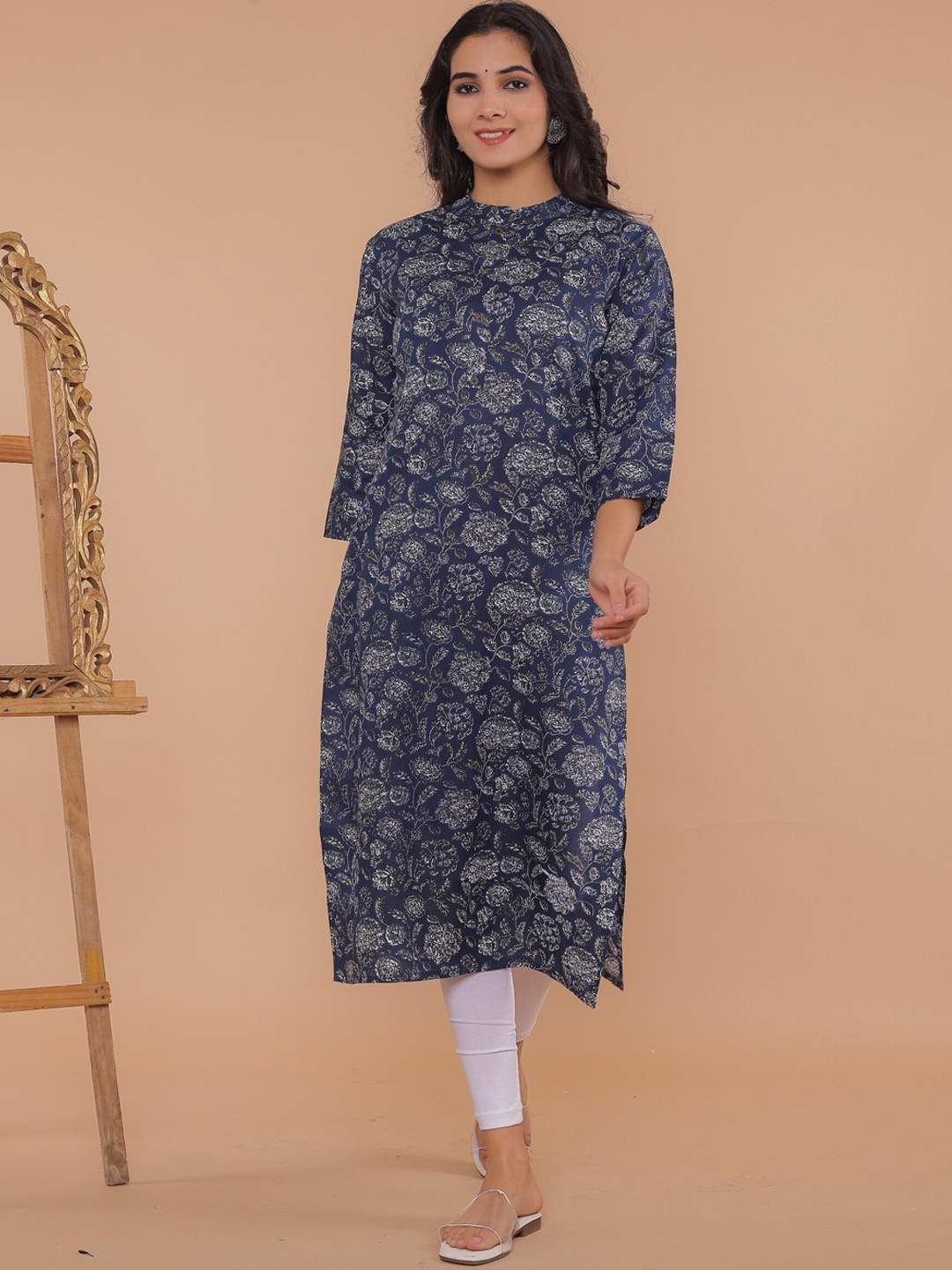 

R RANAK CREATION Floral Printed Mandarin Collar Straight Kurta, Blue