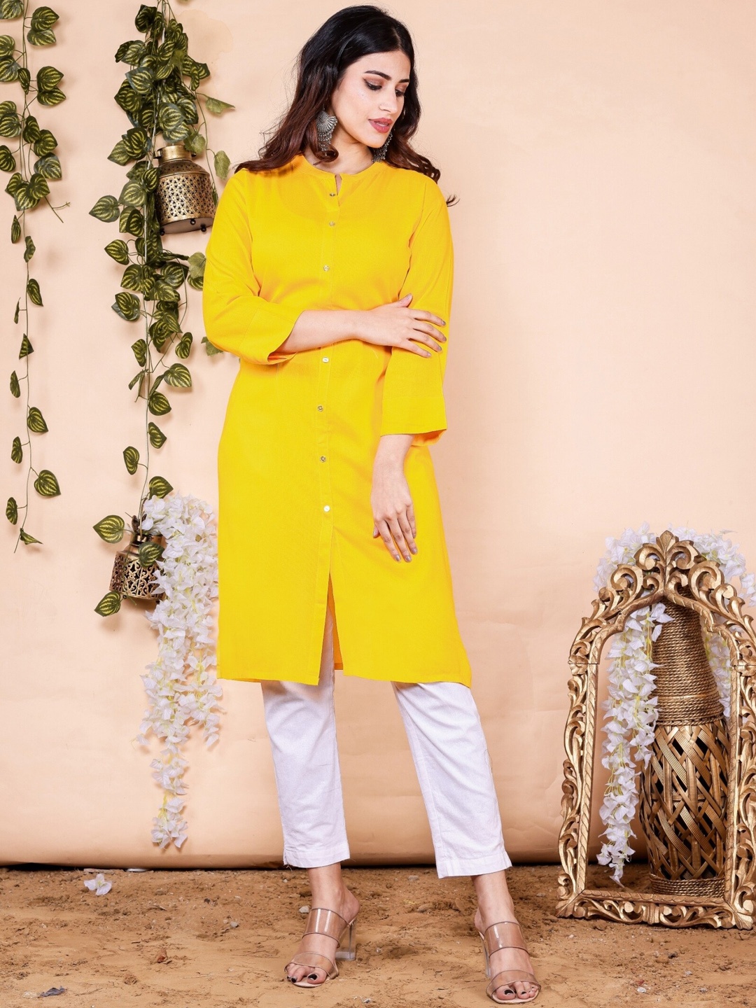 R RANAK CREATION Mandarin Collar Straight Kurta, Yellow