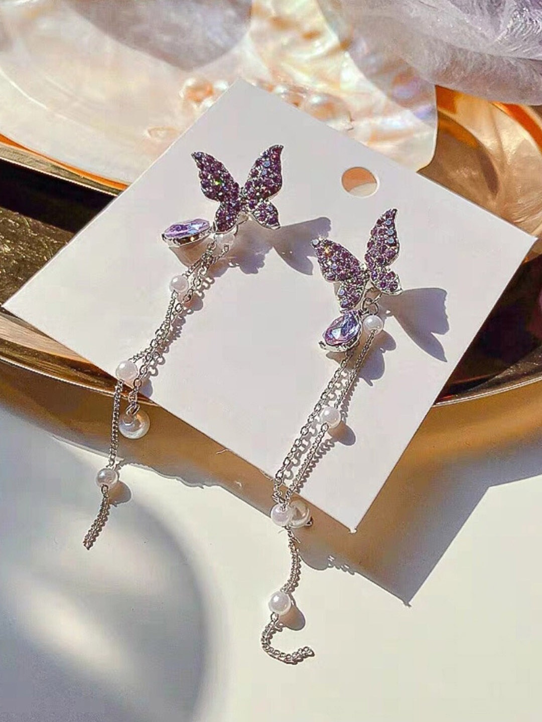 

FIMBUL Silver-Plated Butterfly Shaped Rhinestone Studded Drop Earrings
