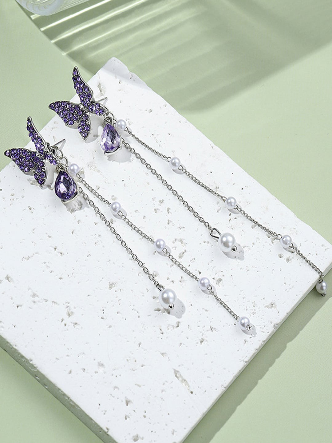 

FIMBUL Silver-Plated Stainless Steel Rhinestone Studded Butterfly Tasselled Drop Earrings