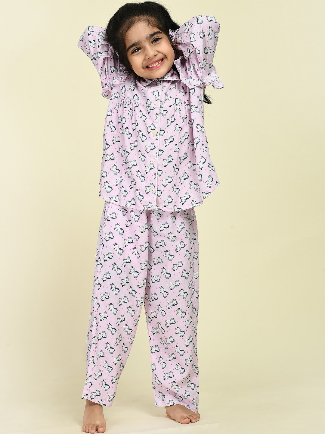 

BAESD Girls Graphic Printed Shirt Collar Long Sleeves Night suit, Pink