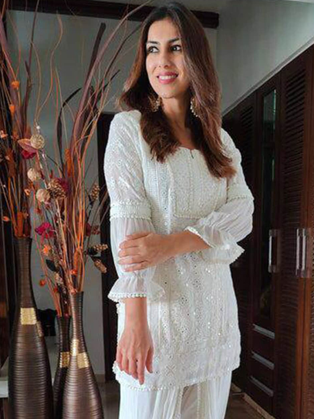 

KALINI Ethnic Motifs Embroidered Mirror Work Straight Kurta with Dhoti Pants, White