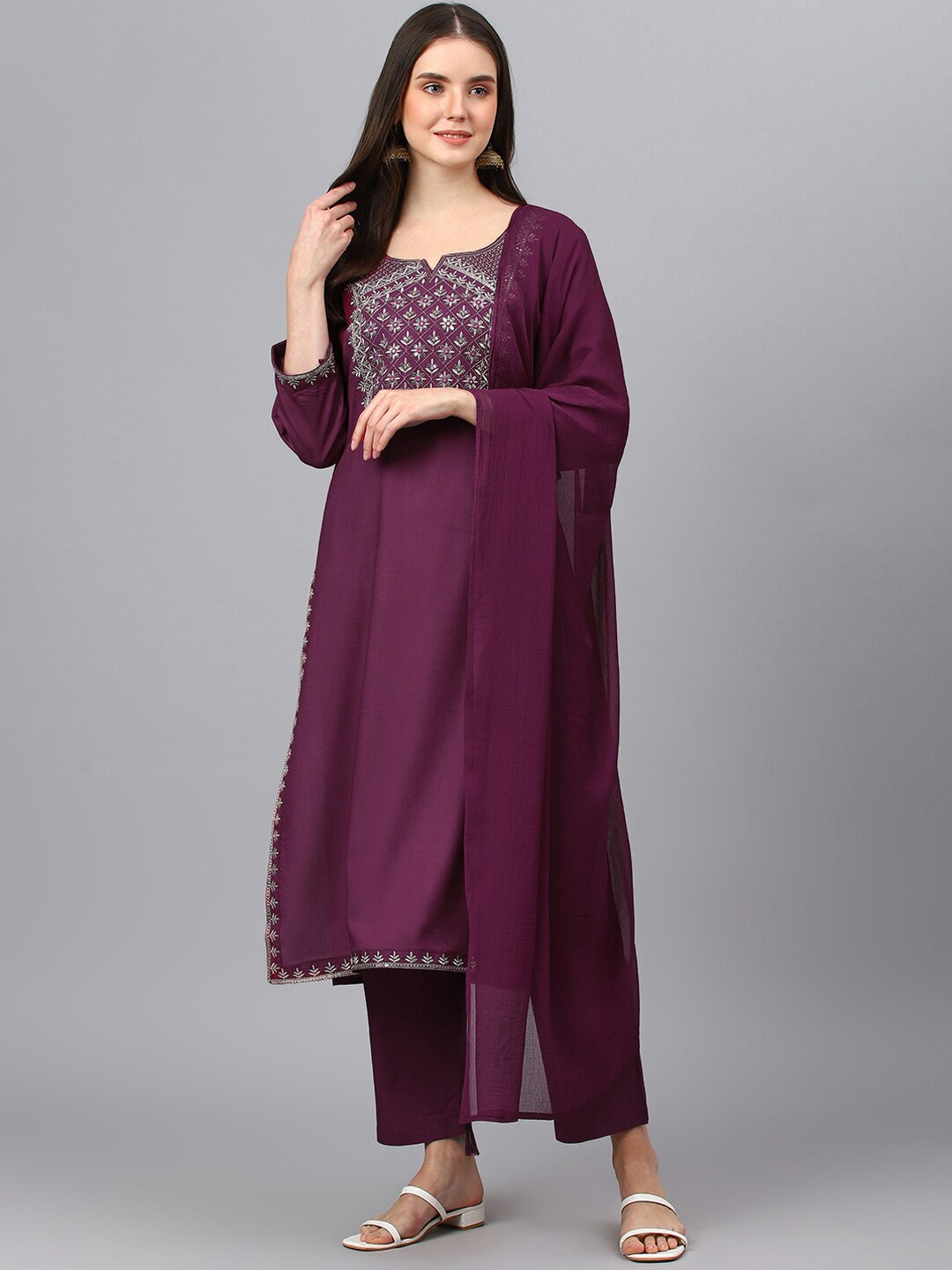 

Negen Floral Yoke Design Pleated Thread Work Kurta with Trousers & Dupatta, Purple