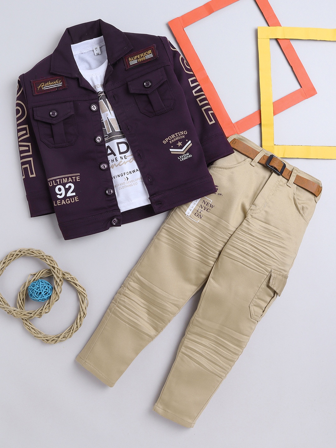 

FOURFOLDS Boys Printed Pure Cotton T-shirt & Trousers With Shirt, Purple
