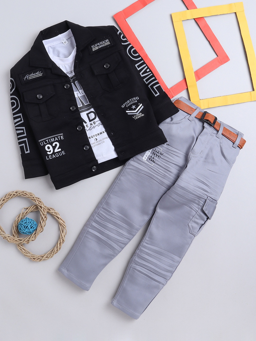 

FOURFOLDS Boys Printed Pure Cotton T-shirt & Trousers With Shirt, Black