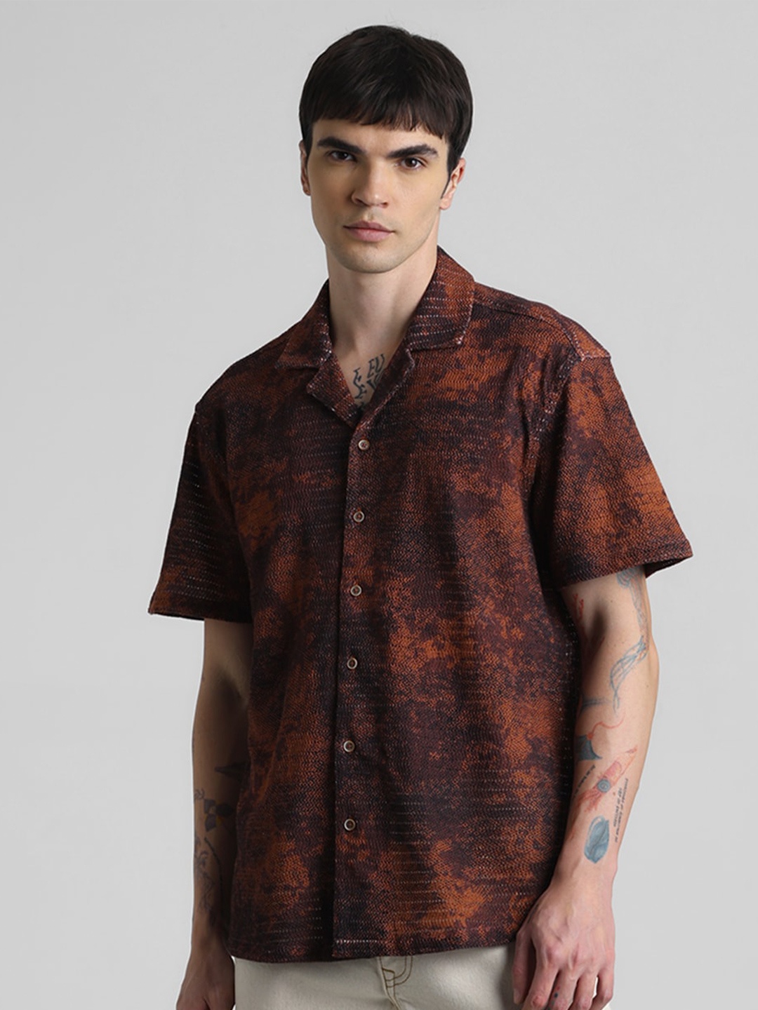 

Jack & Jones Spread Collar Short Sleeves Abstract Printed Cotton Casual Shirt, Brown