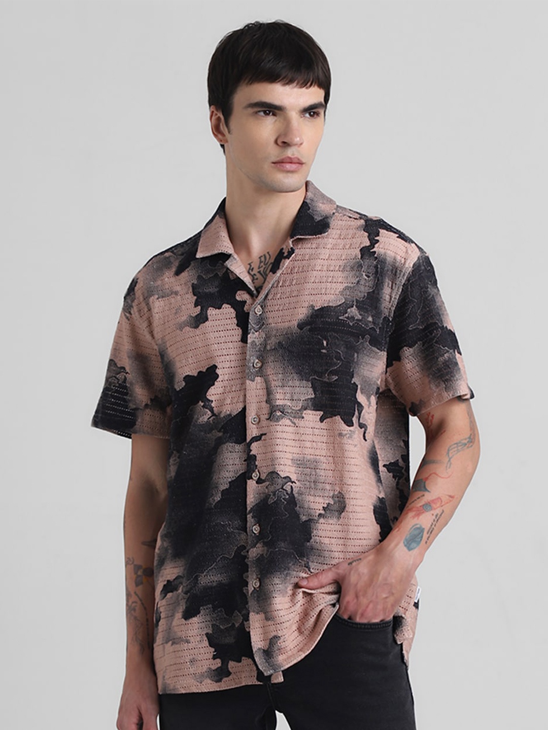 

Jack & Jones Spread Collar Short Sleeves Abstract Printed Cotton Casual Shirt, Beige