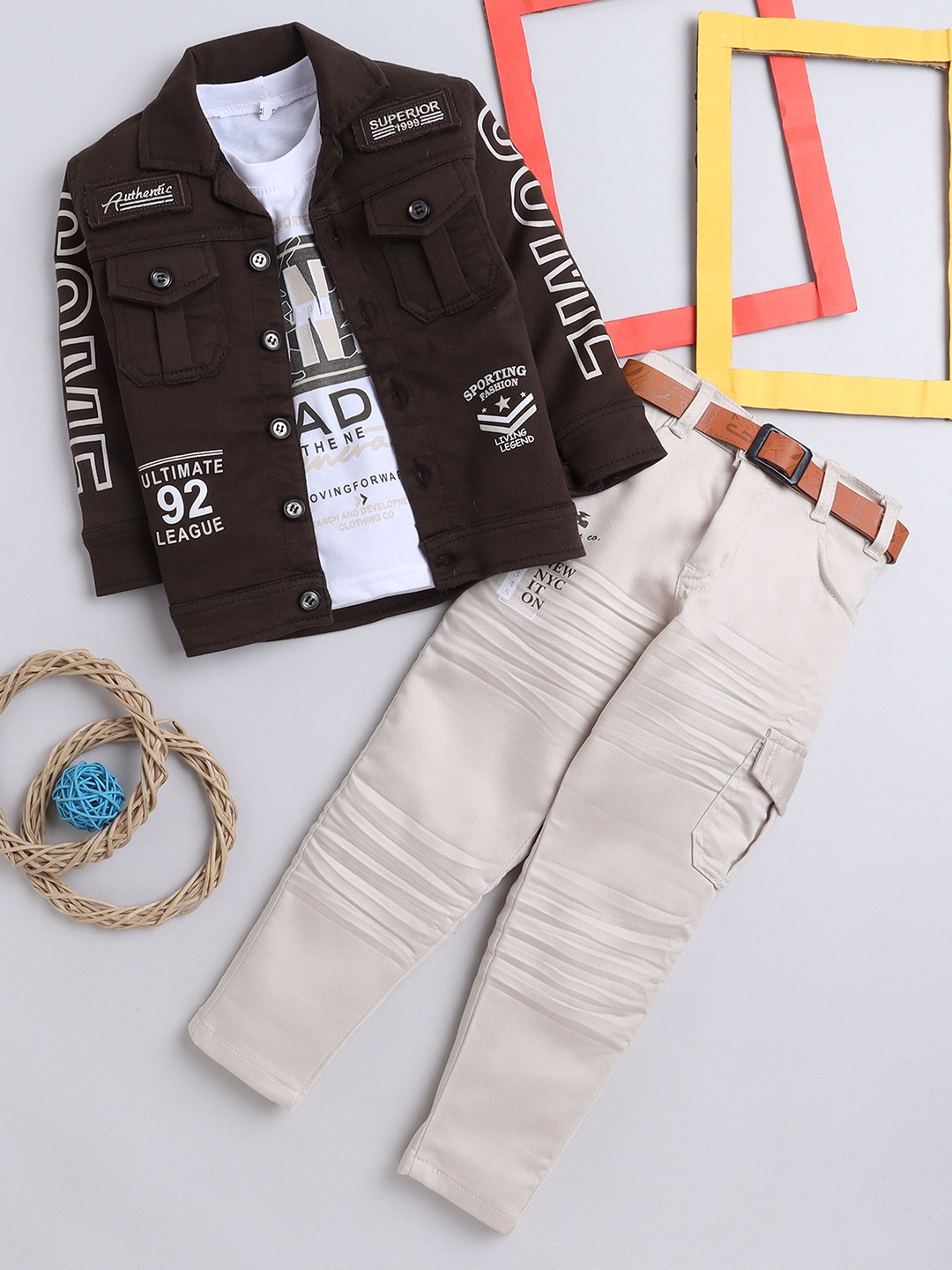 

BAESD Boys Printed Pure Cotton T-shirt & Trousers with Shirt, Brown