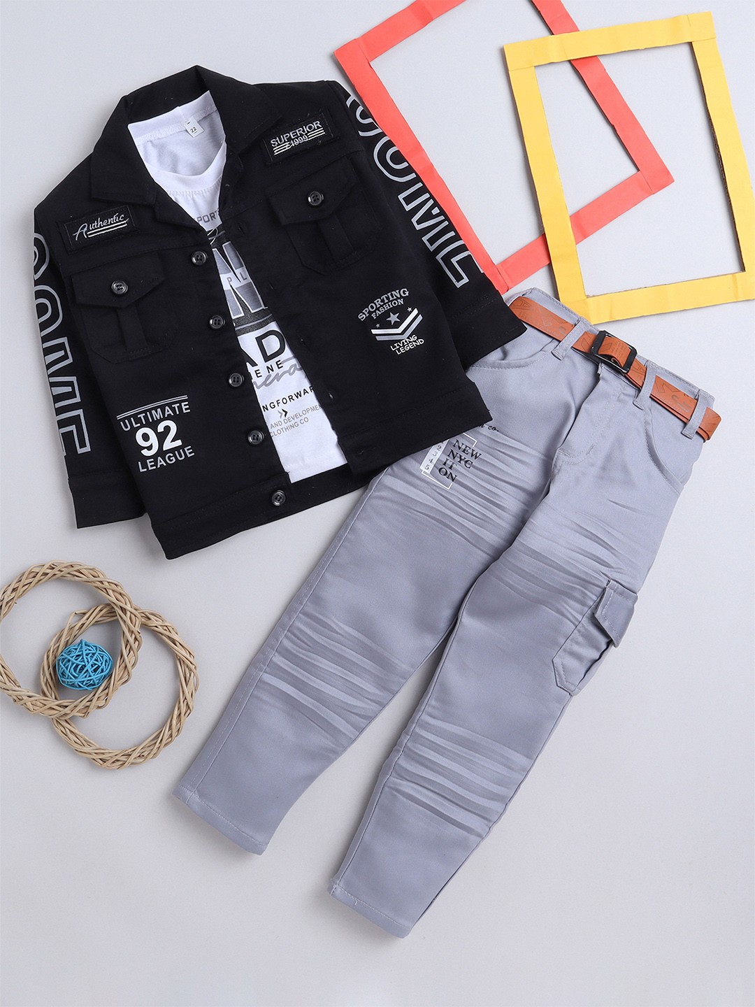 

BAESD Boys Printed Pure Cotton T-shirt & Trousers with Shirt, Black