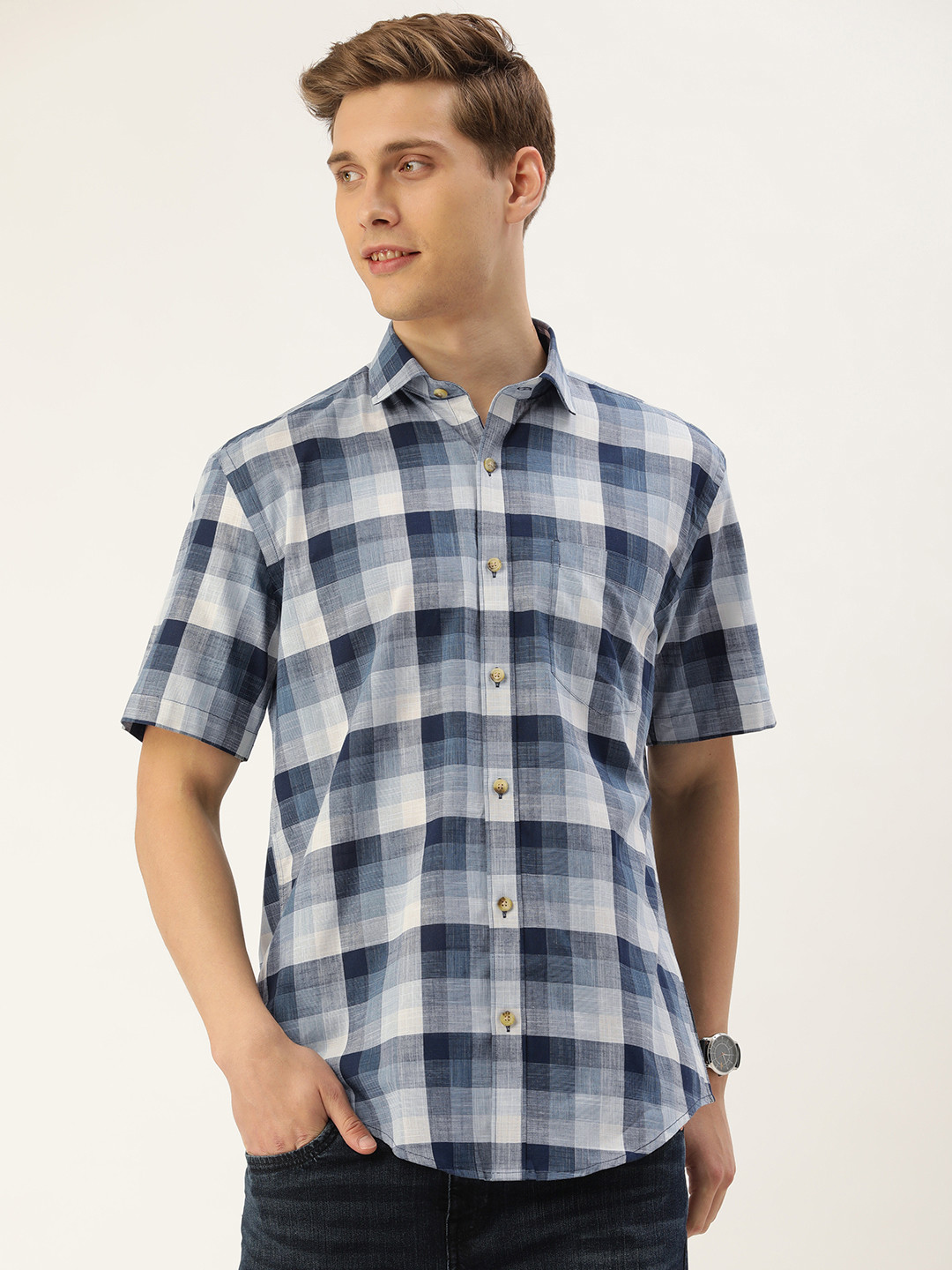 

Burnt Umber Men Checked Casual Shirt, Navy blue