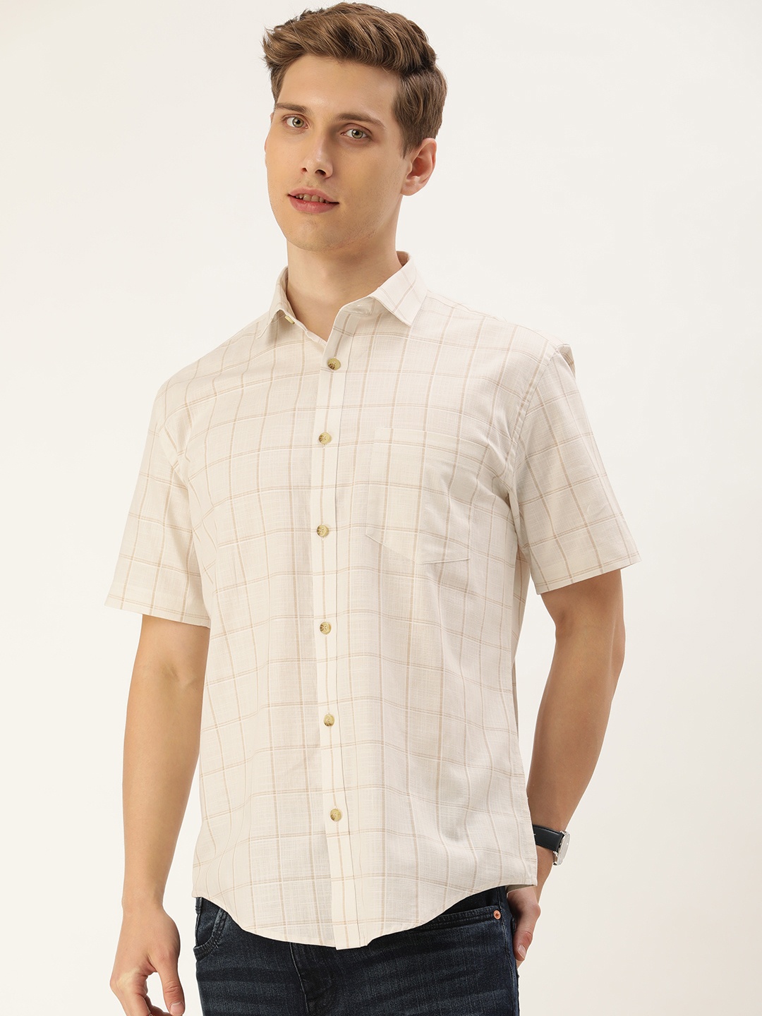 

Burnt Umber Men Windowpane Checked Casual Shirt, Off white