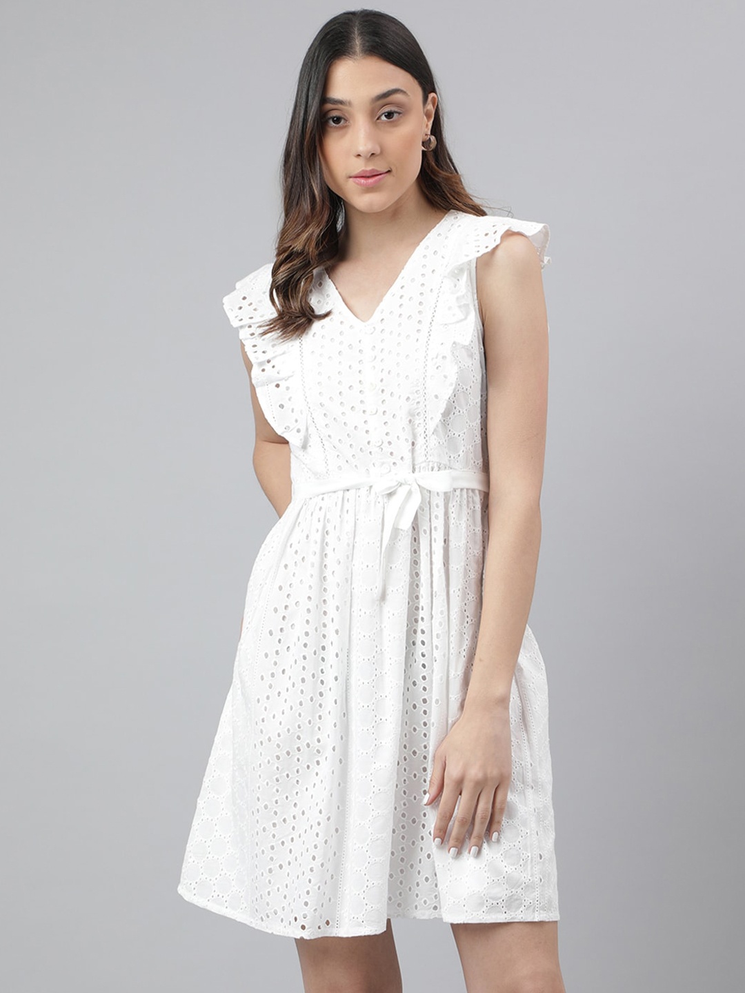 

Latin Quarters Schiffli V-Neck Flutter Sleeves Cotton Tie-Ups A-Line Dress, White