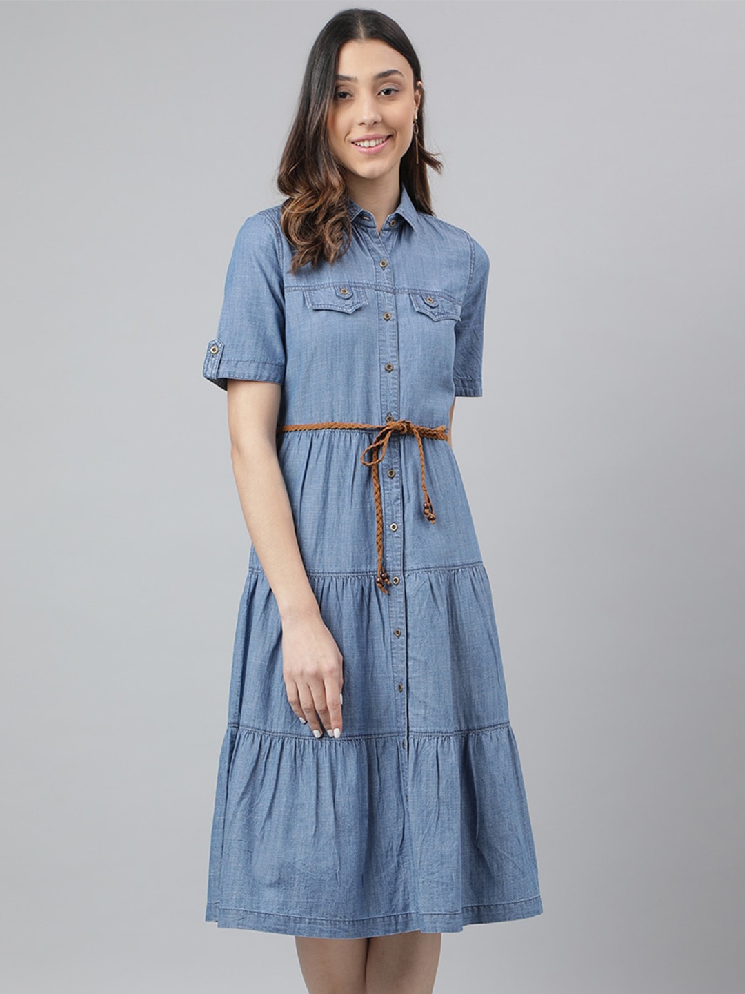 

Latin Quarters Shirt Collar Short Sleeves Layered Midi Dress with Rope, Blue