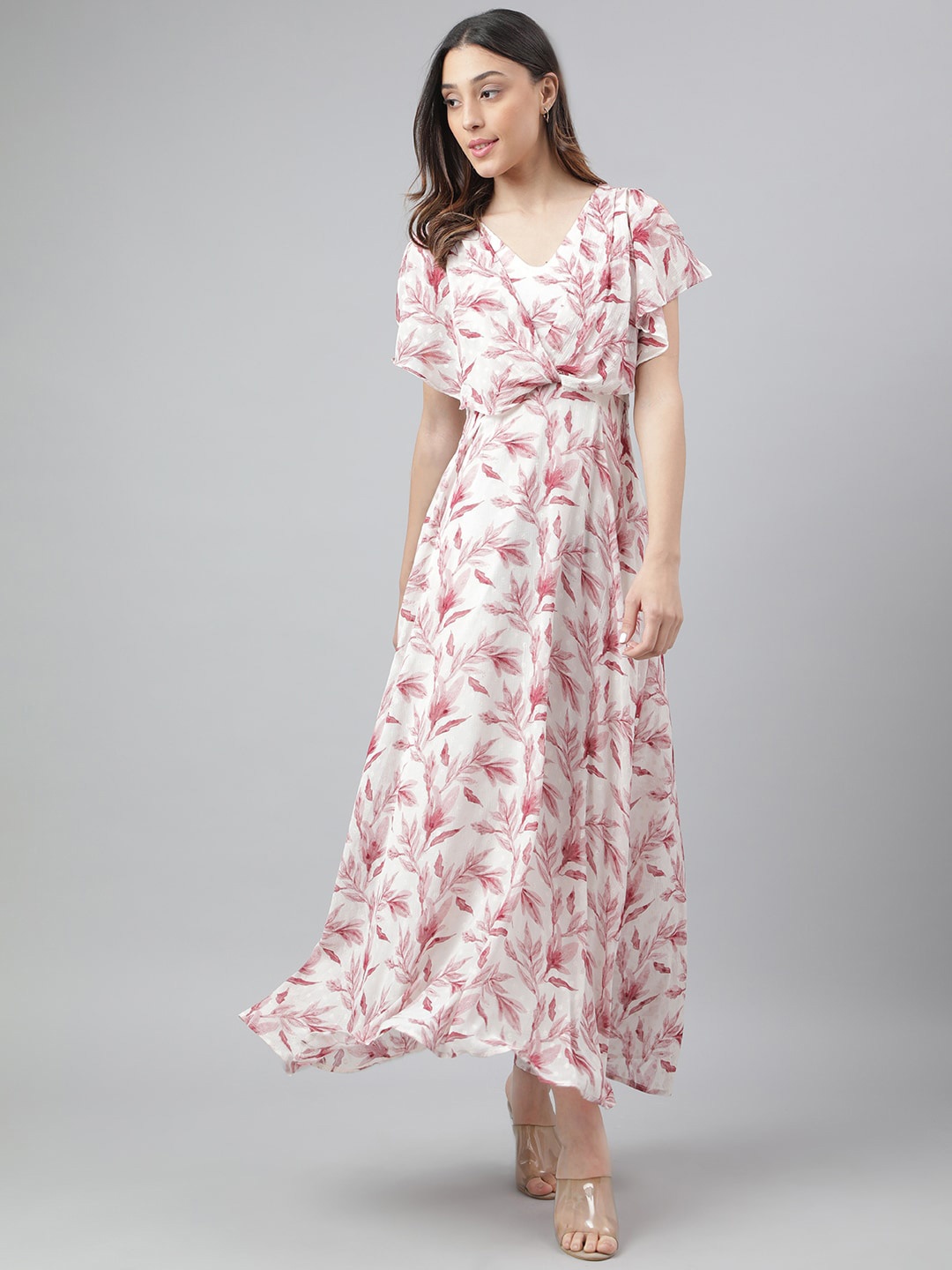 

Latin Quarters V Neck Short Slit Sleeves Floral Print Maxi Dress, Maroon