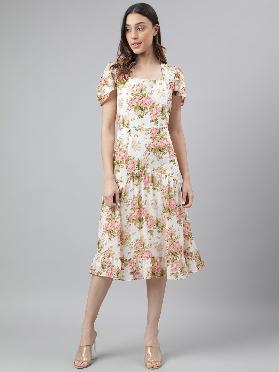 

Latin Quarters Floral Printed Square Neck Short Sleeves A-Line Midi Dress, Red