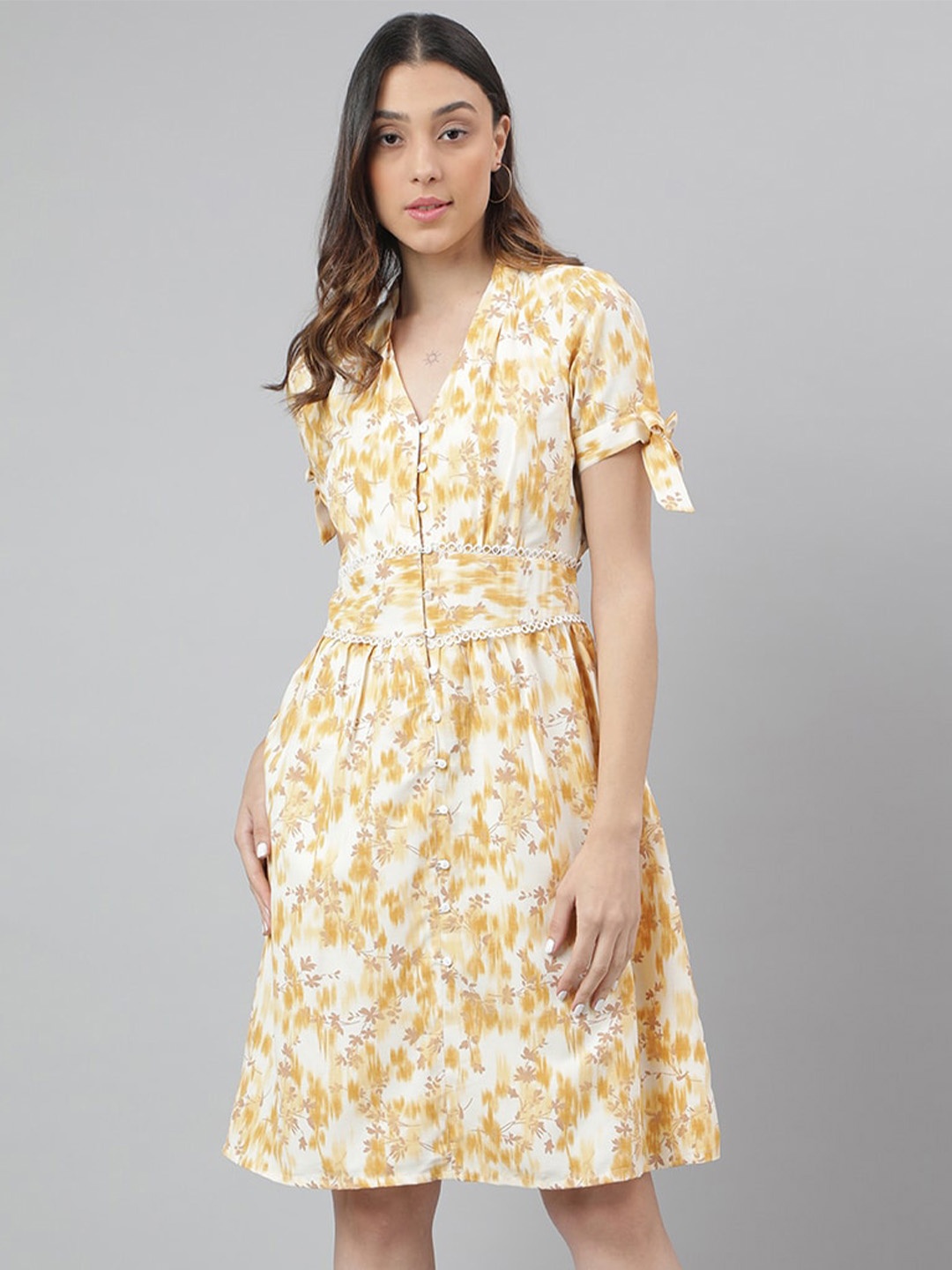 

Latin Quarters Floral Print Flared Sleeve Fit & Flare Dress, Yellow