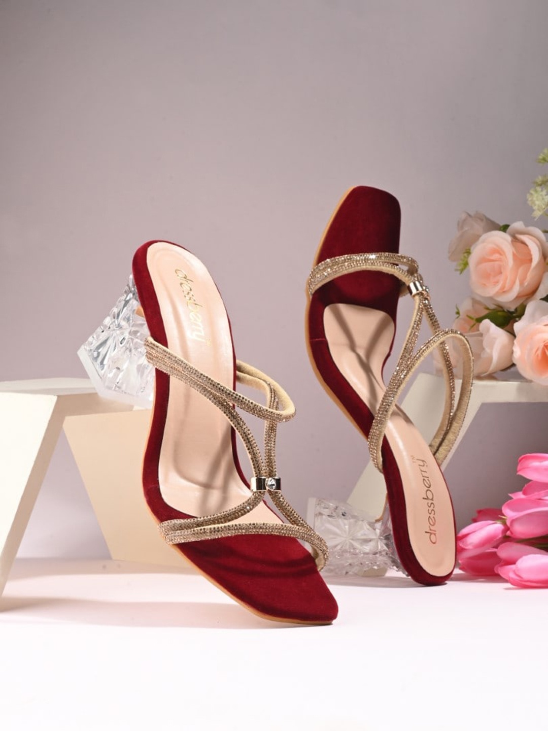

DressBerry Maroon Embellished Open Toe Block Heels