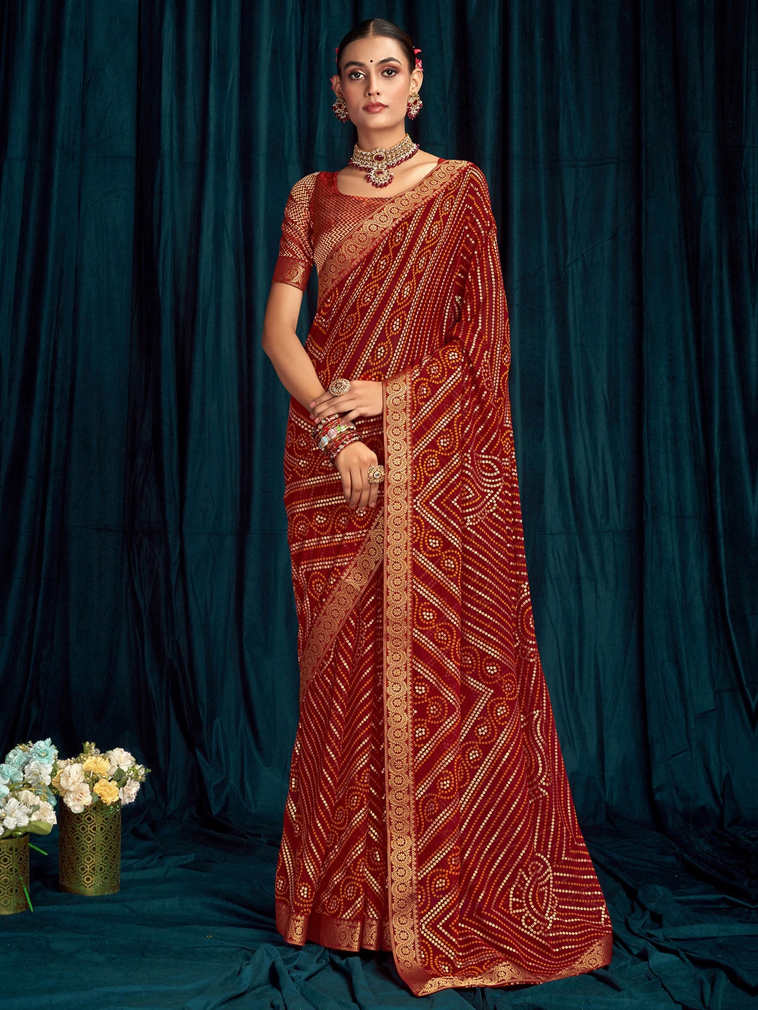 

Satrani Bandhani Printed Zari Georgette Saree, Maroon