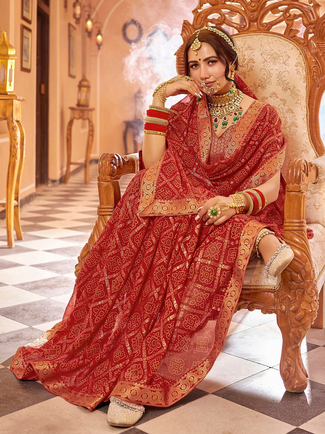 

Satrani Bandhani Zari Bandhani Saree, Red