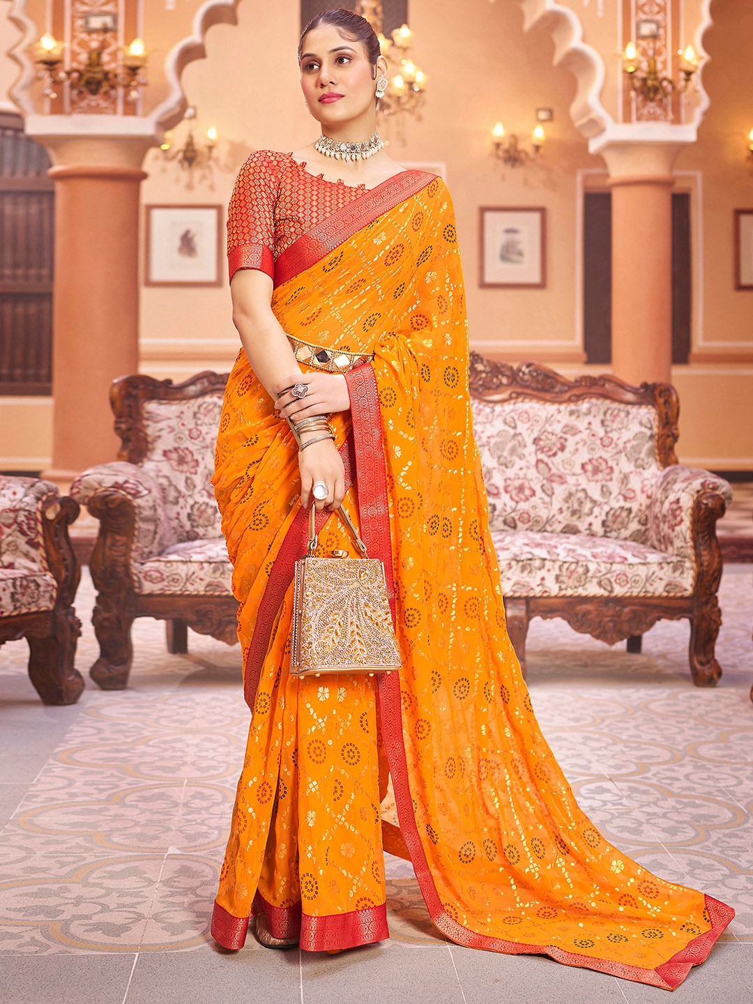 

Satrani Bandhani Zari Bandhani Saree, Yellow