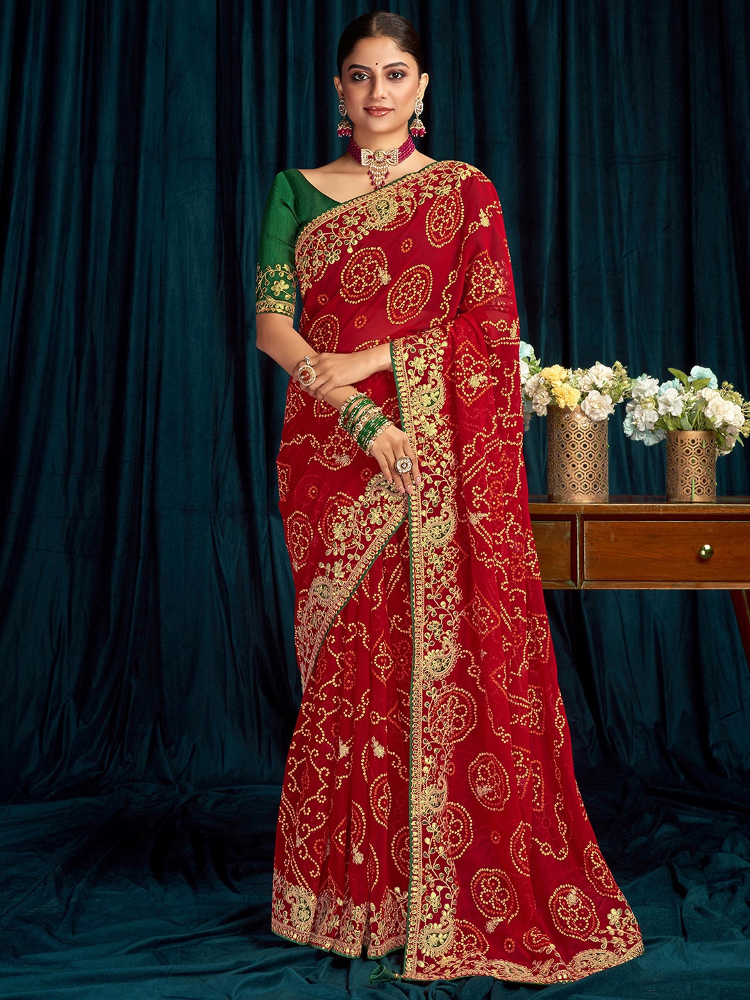 

Satrani Ethnic Motifs Gotta Patti Saree, Red