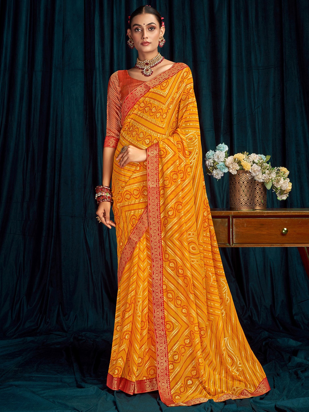 

Satrani Bandhani Zari Bandhani Saree, Yellow
