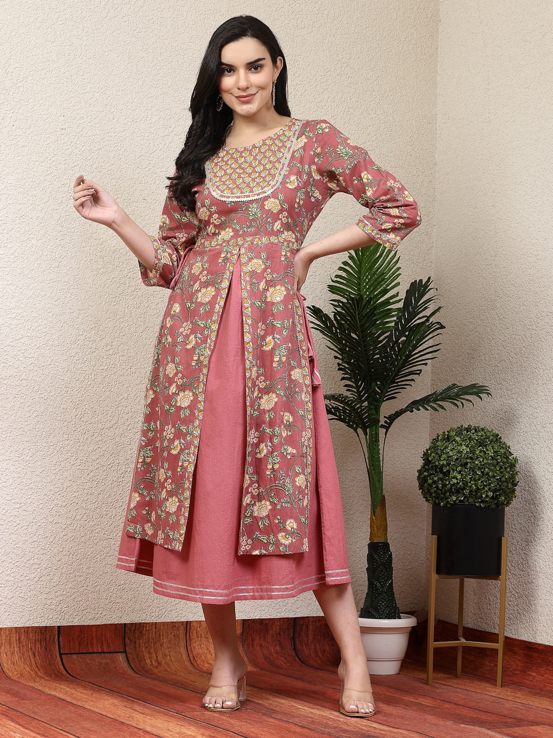 Nayam By Lakshita Floral Printed Layered Cotton A-Line Ethnic Dresses, Rust