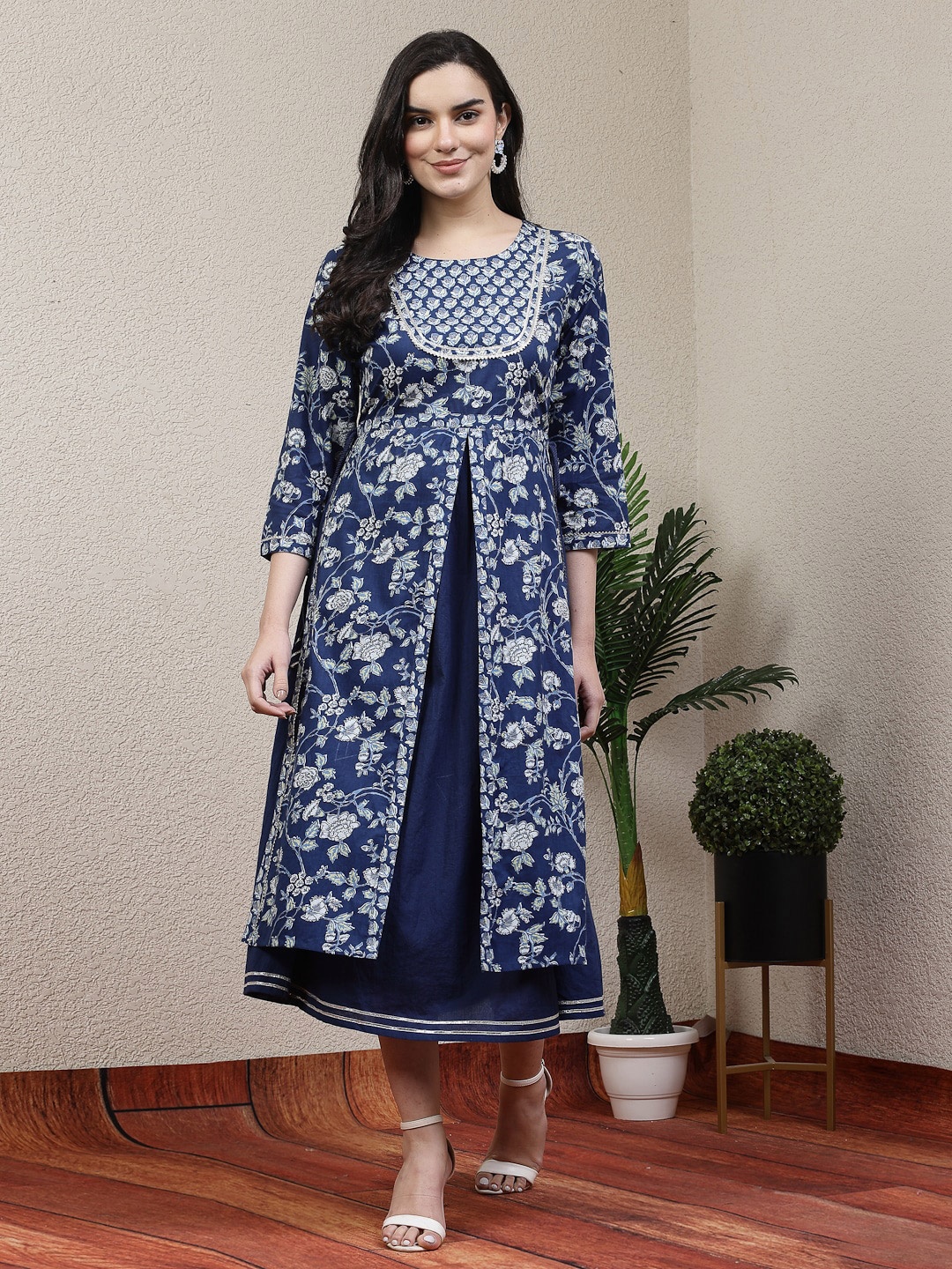 

Nayam By Lakshita Embroidered Thread Work A-Line Cotton Midi Ethnic Dress, Blue