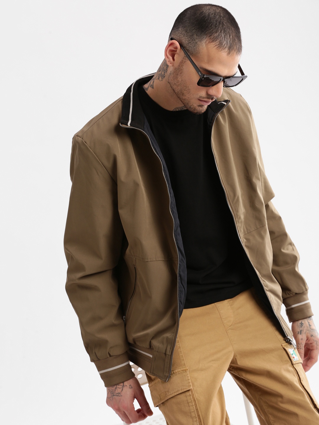 

SHOWOFF Mock Collar Windcheater Reversible Oversized Bomber Jacket, Khaki