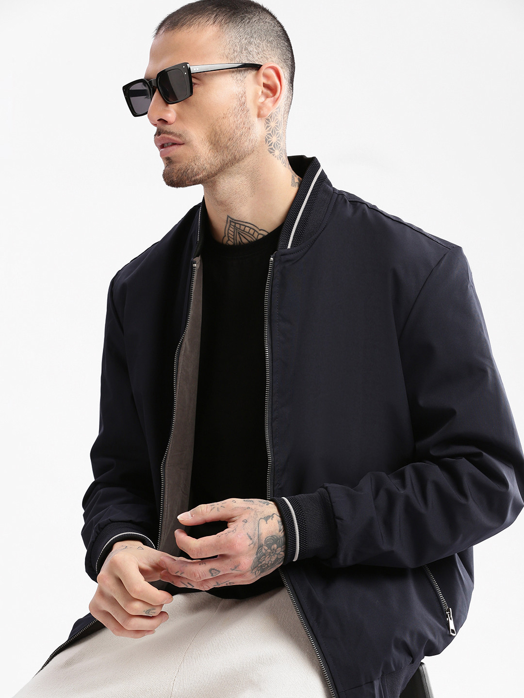 

SHOWOFF Stand Collar Windcheater Open Front Jacket, Navy blue