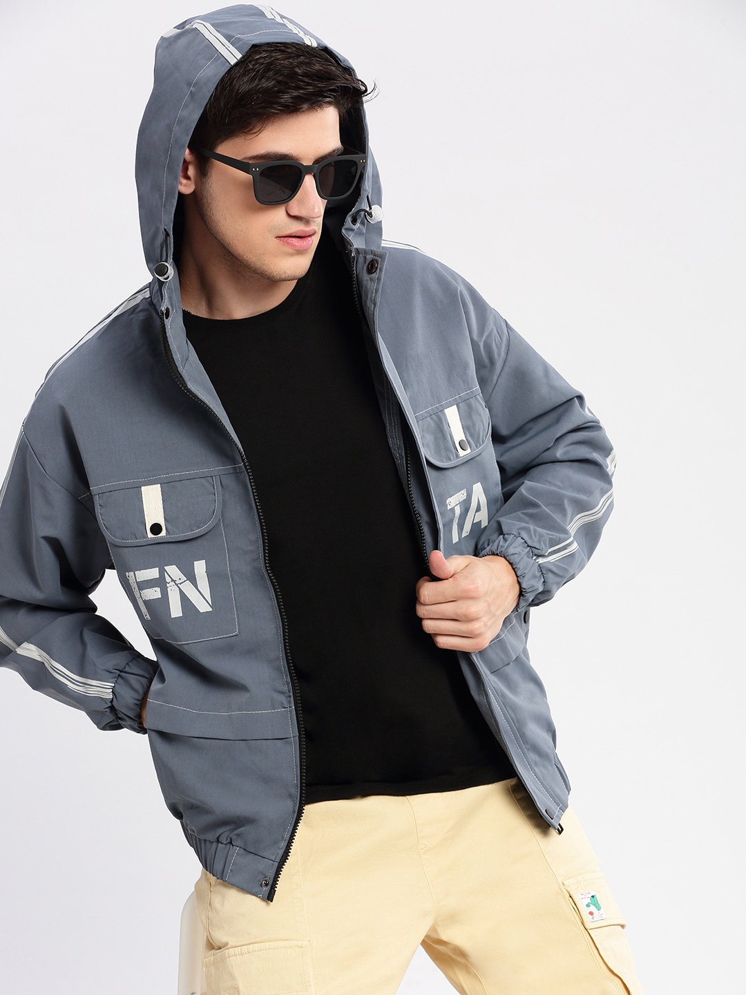 

SHOWOFF Typography Printed Hooded Windcheater Oversized Tailored Jacket, Grey