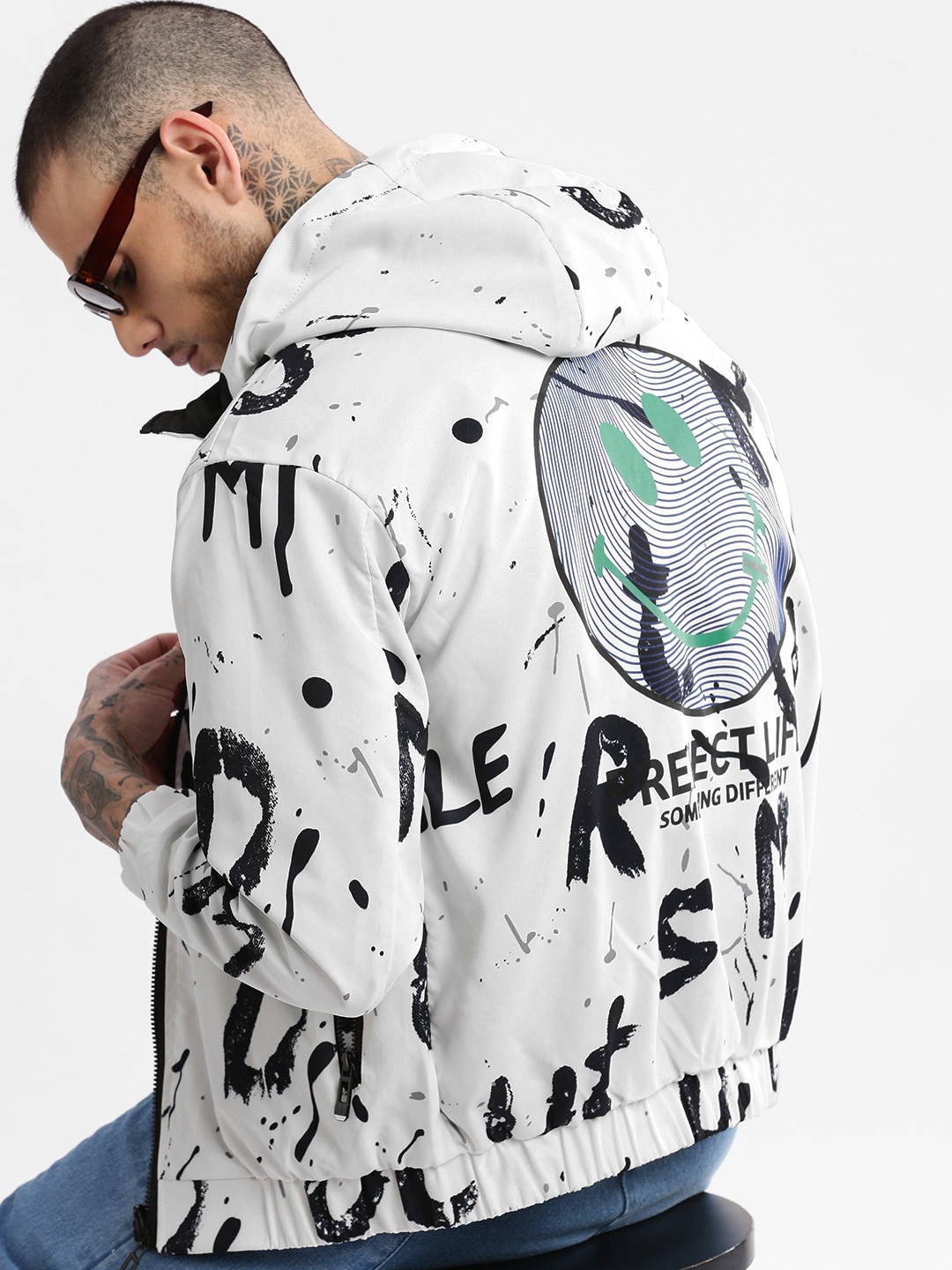 

SHOWOFF Typography Printed Hooded Reversible Oversized Bomber Jacket, White