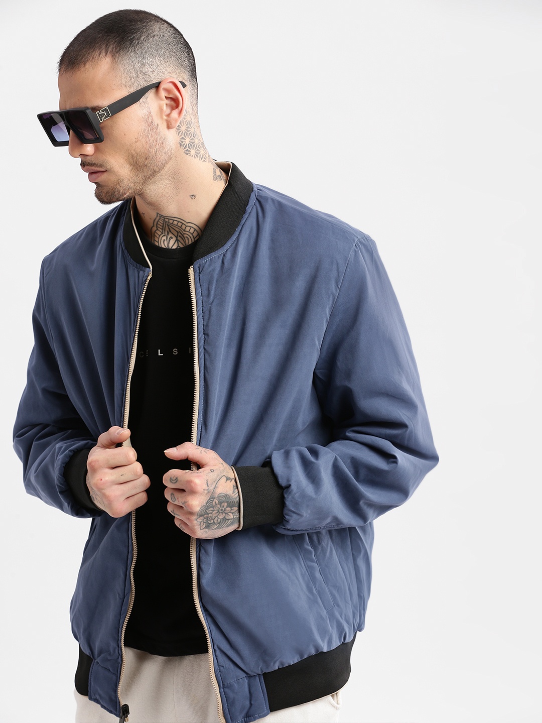 

SHOWOFF Windcheater Mandarin Collar Oversized Reversible Bomber Jacket, Cream