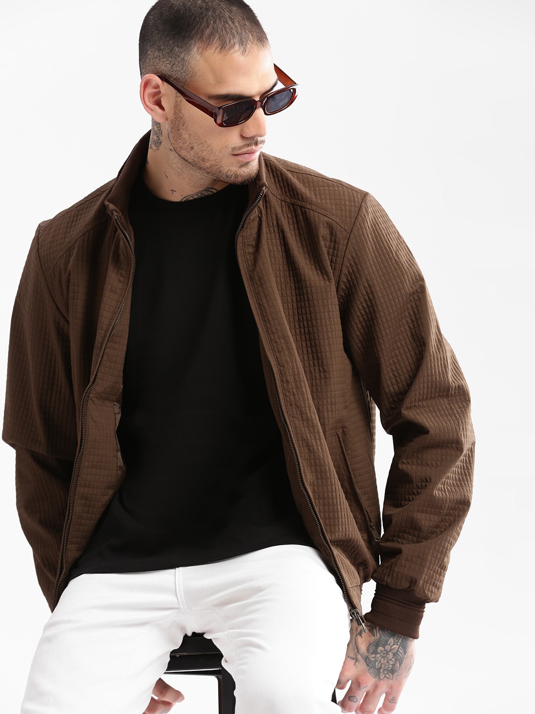 

SHOWOFF Self Design Textured Windcheater Bomber Jacket, Brown
