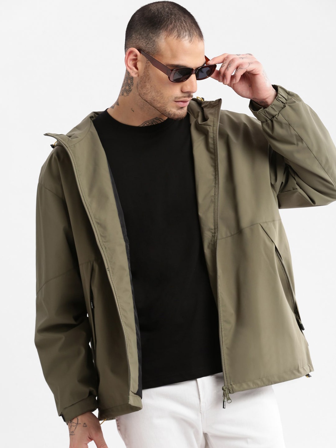 

SHOWOFF Hooded Oversized Windcheater Bomber Jacket, Olive
