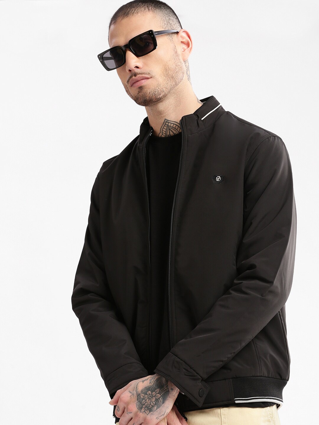 

SHOWOFF Mock Collar Long Sleeves Windcheater Bomber Jacket, Black