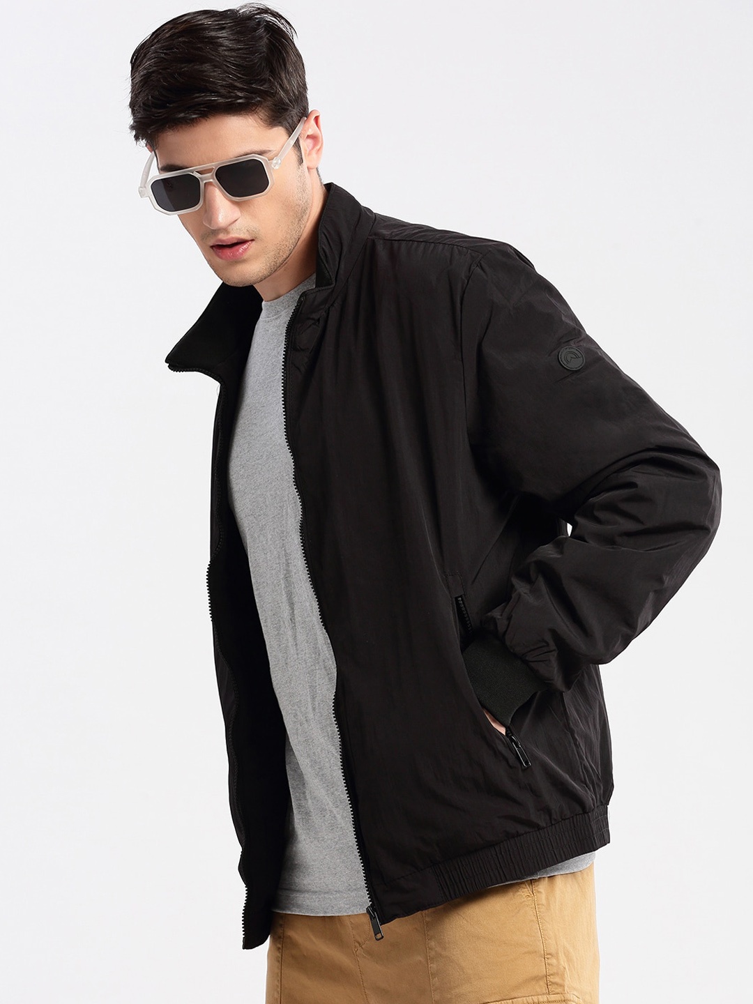 

SHOWOFF Windcheater Mock Collar Bomber Jacket, Black