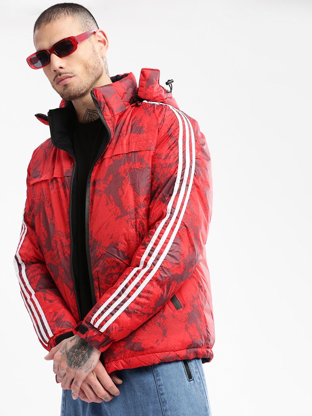 

SHOWOFF Printed Hooded Windcheater Reversible Oversized Padded Jacket, Red