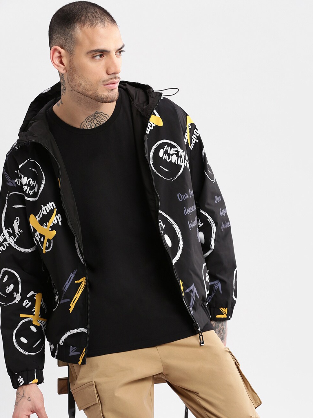 

SHOWOFF Typography Printed Hooded Reversible Bomber Jacket, Black