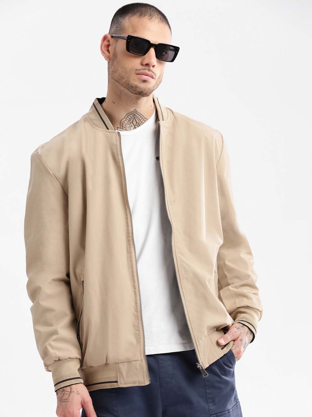 

SHOWOFF Stand Collar Reversible Oversized Bomber Jacket, Beige