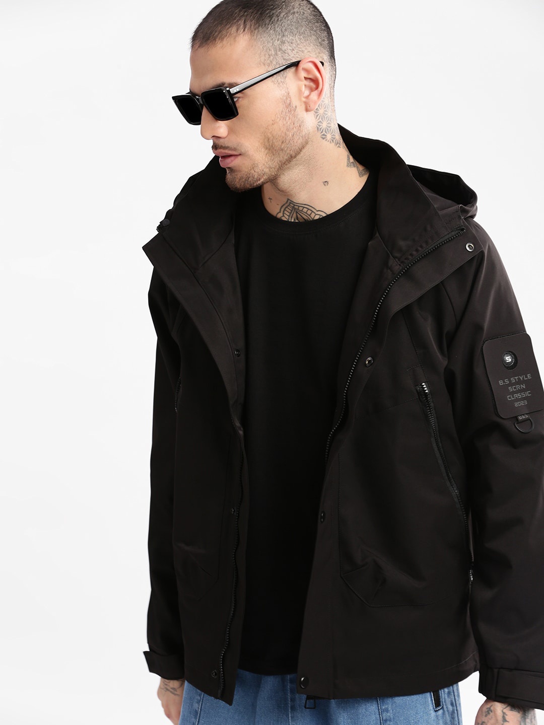 

SHOWOFF Windcheater Hooded Oversized Bomber Jacket, Black