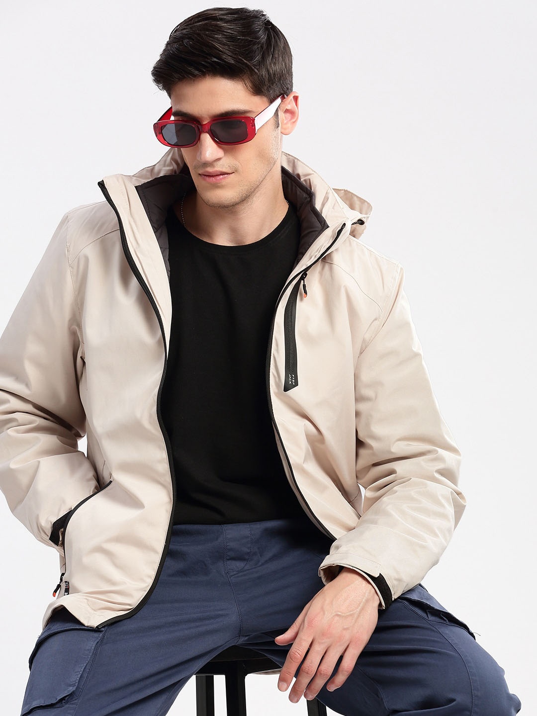 

SHOWOFF Detachable Hoodie Long Sleeves Windcheater Bomber Jacket, Cream