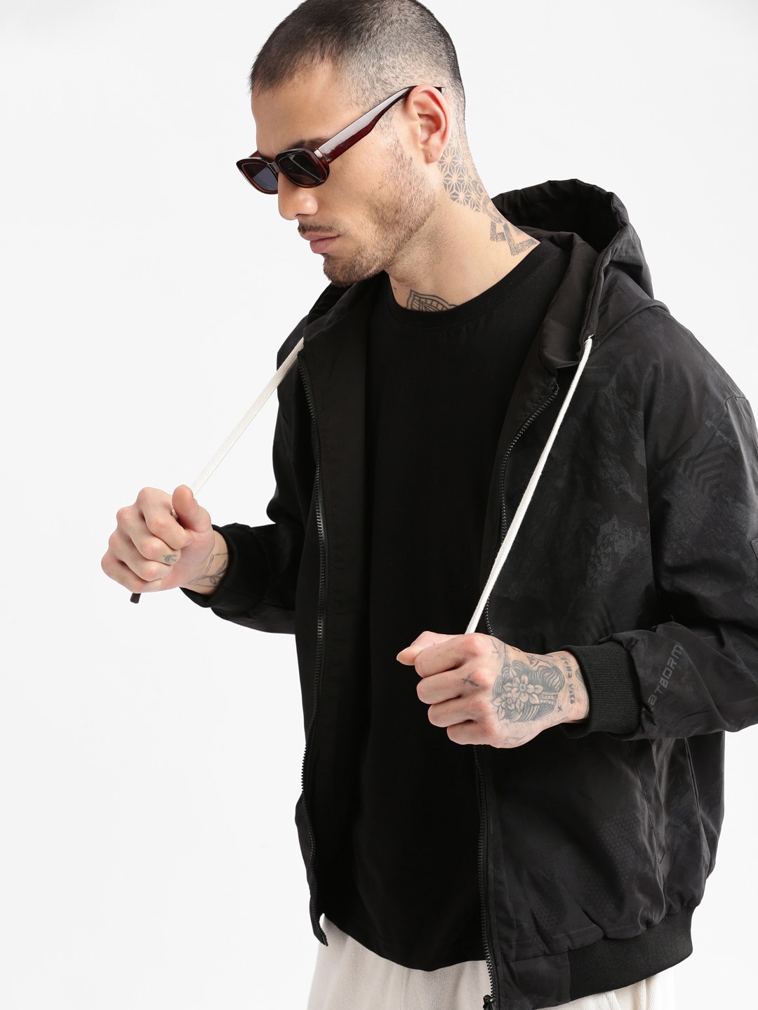 

SHOWOFF Abstract Printed Hooded Reversible Bomber Jacket, Black