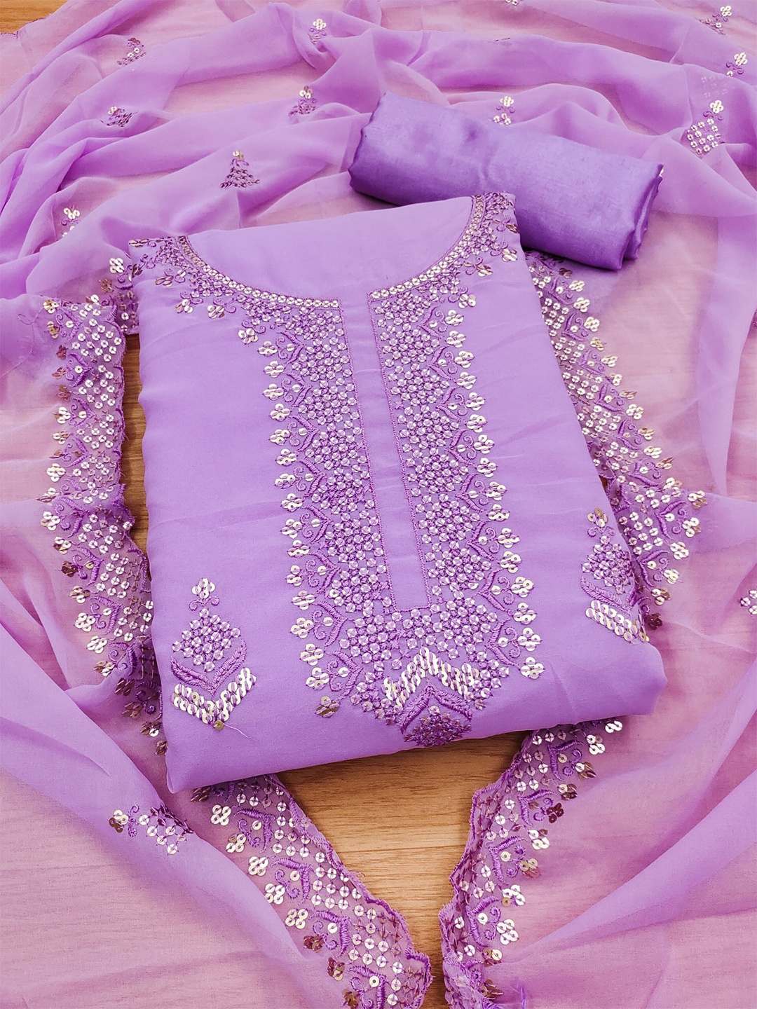 

Panzora Ethnic Motifs Embroidered Sequinned Dress Material, Purple
